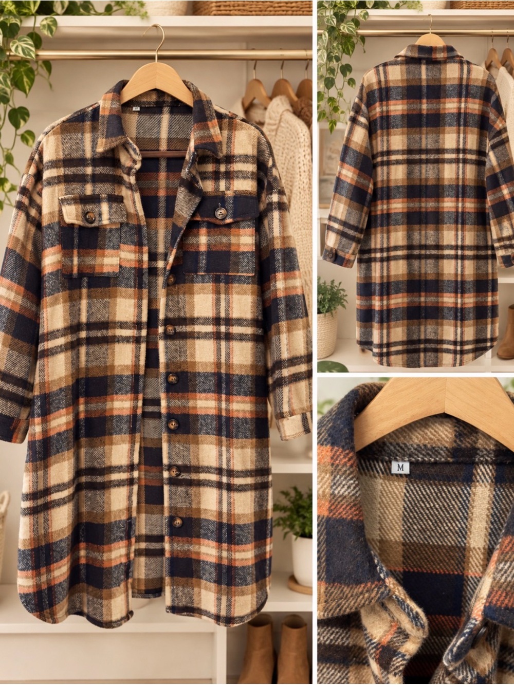 Plaid Long Shacket Jacket - Beige Navy Rust
